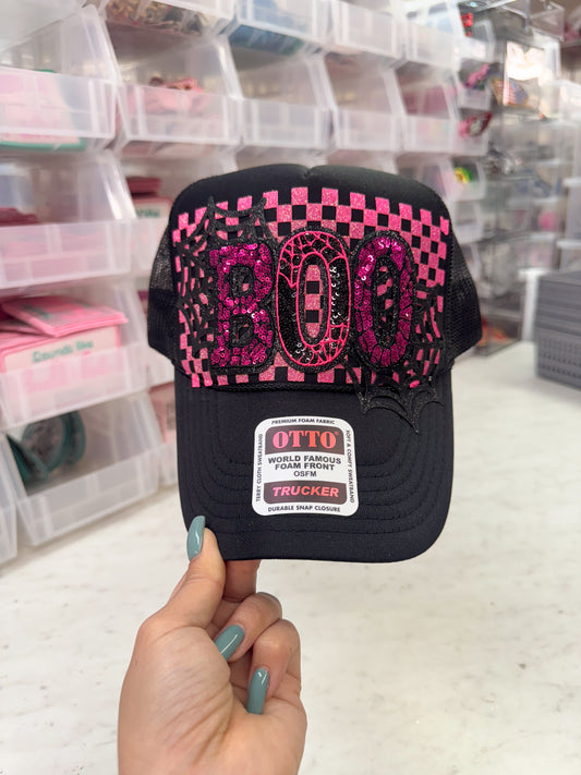 Pink Spider Web Boo Halloween Otto Trucker Hat