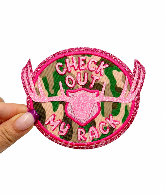Check Out My Rack Deer Hunting Camo Pink Glitter Embrodiery Patch©️