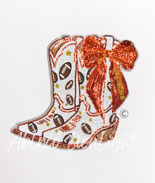 Football Touchdown Star Orange Bow Boots Sequin Patch - Large