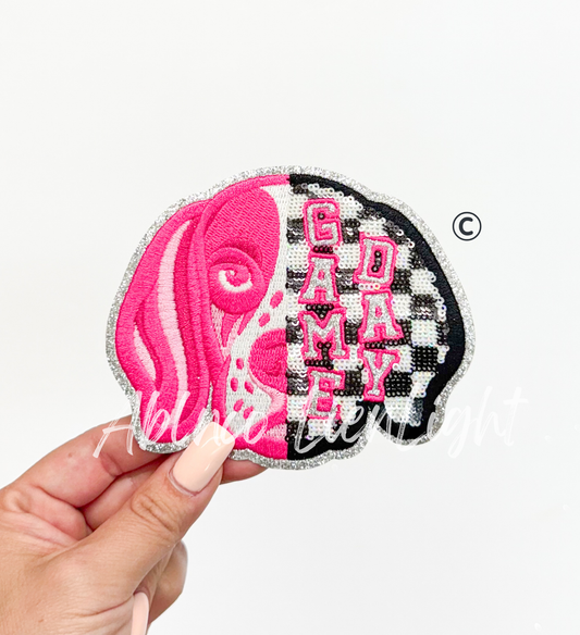 Preppy Pink Checkered Coon Hound Dog Mascot Game Day Sequin Patch - Small