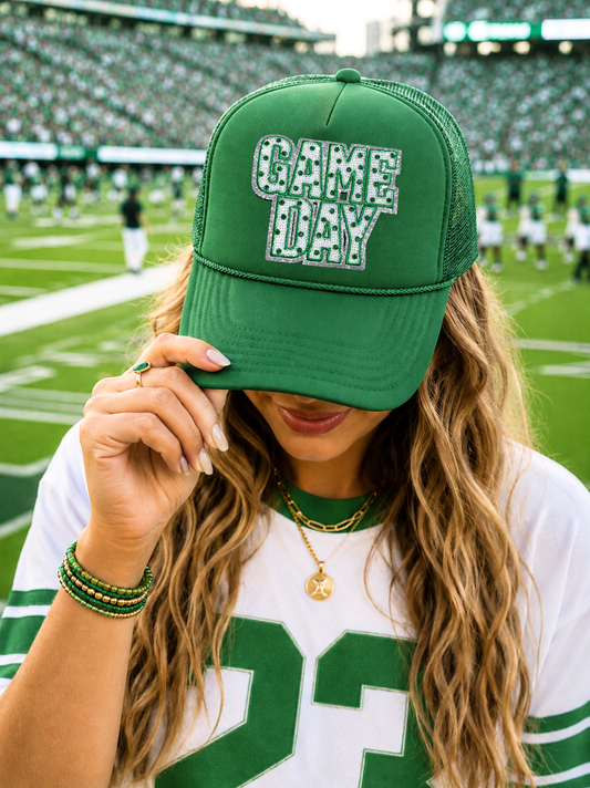 Green Polka Dots Game Day Sequin Patch Otto Trucker Hat