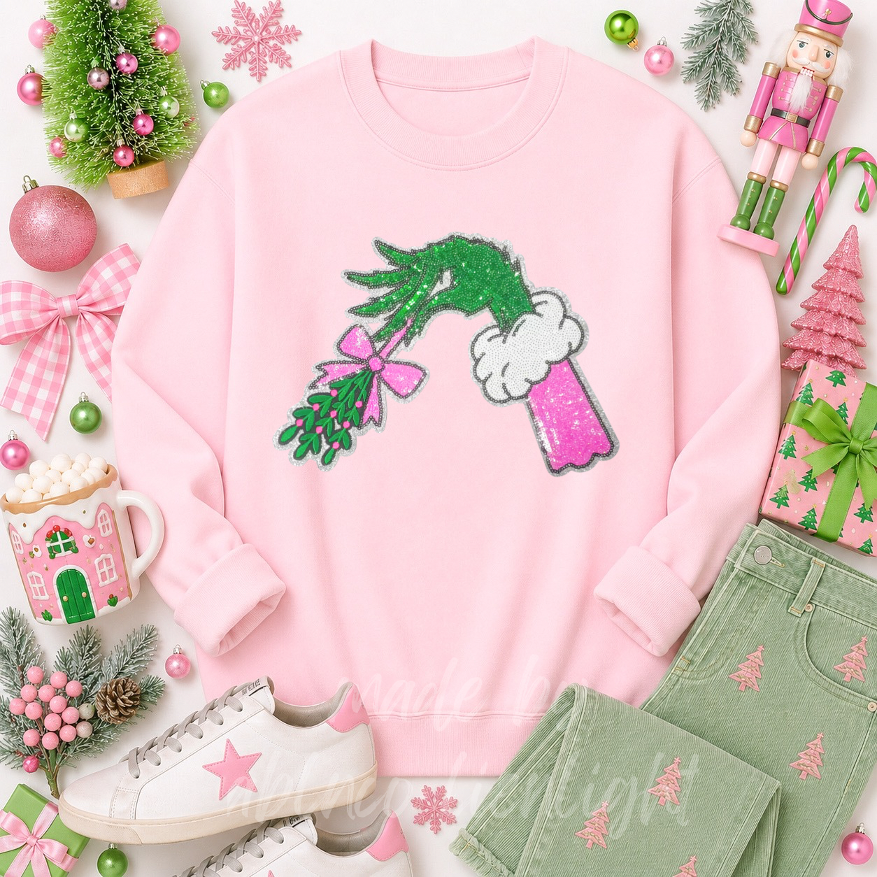 Grinch Hand Mistletoe Christmas Sequin Patch Sweatshirt
