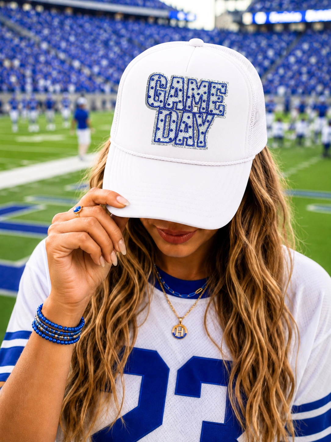 Royal Blue Polka Dots Game Day Sequin Patch Otto Trucker Hat