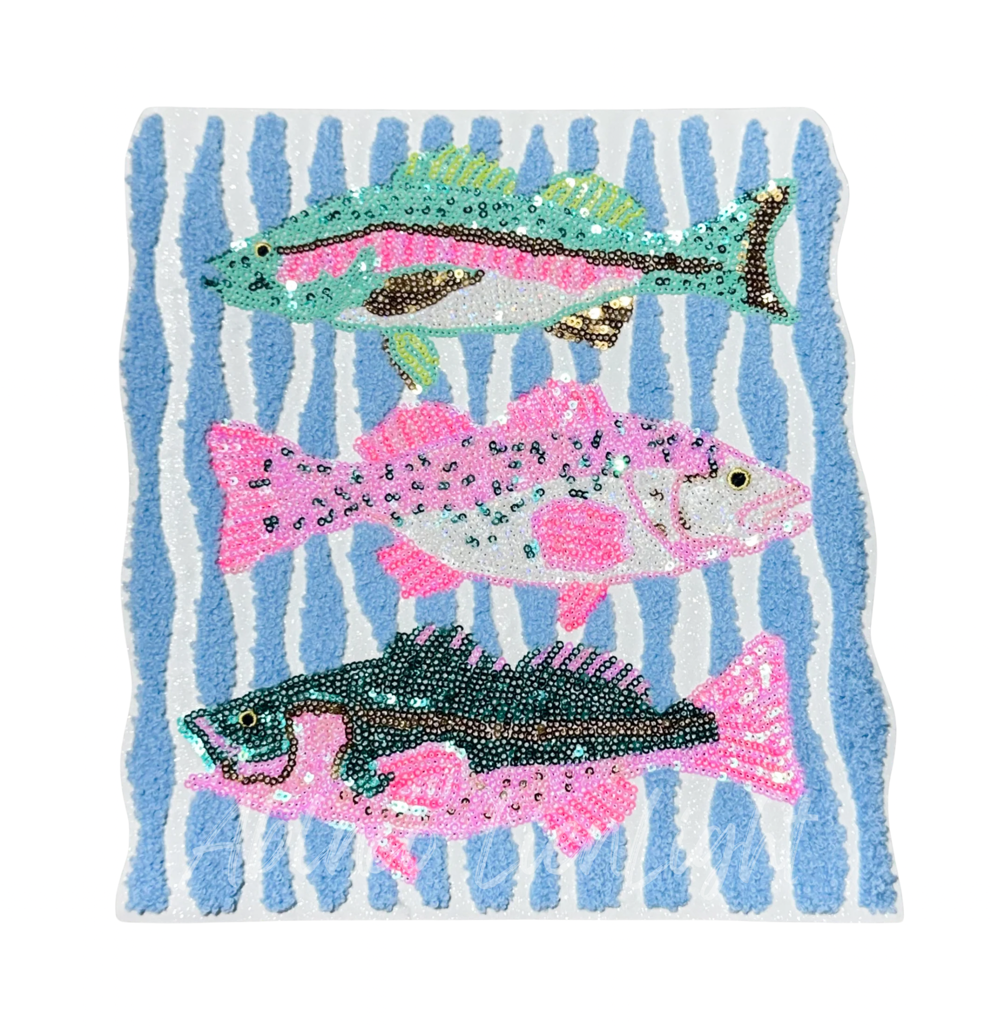 Pink and Teal Fish Trio Summer Sequin Chenille Patch - Large