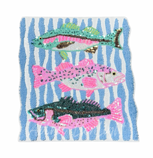 Pink and Teal Fish Trio Summer Sequin Chenille Patch - Large