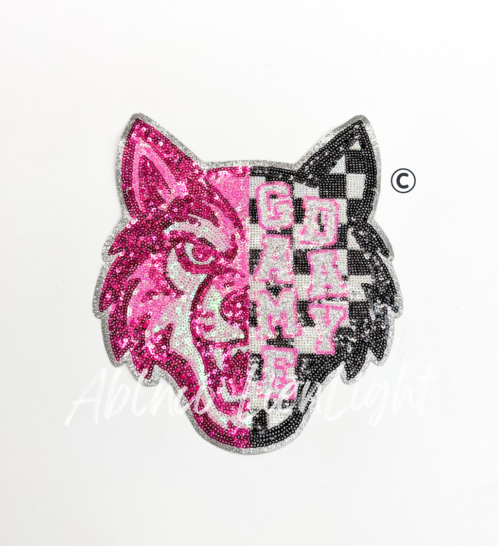 Wolf Mascot Pink Checkered Sequin Patch - Large