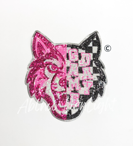 Preppy Pink Checkered Wolf Mascot Game Day Sequin Patch