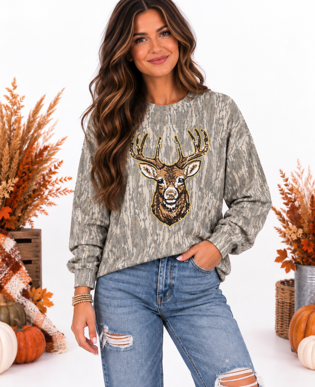 Great Outdoors Hunting Patch Mossy Oak Bottomland Cotton Mill Long Sleeve Tshirt