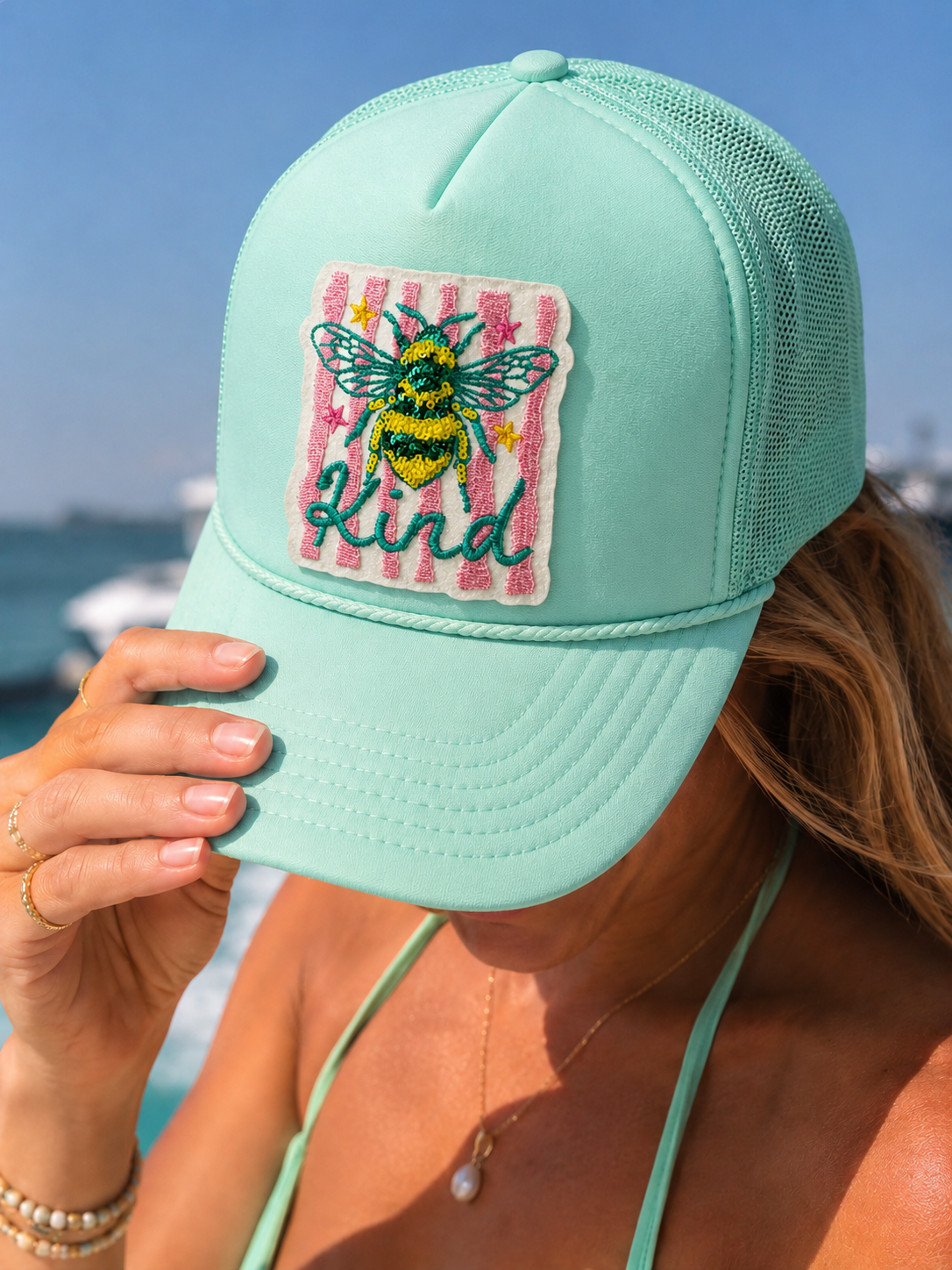 Bee Kind Summer Sequin Patch Otto Trucker Hat