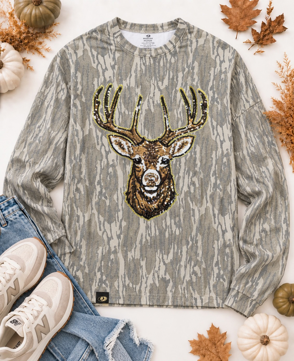 Great Outdoors Hunting Patch Mossy Oak Bottomland Cotton Mill Long Sleeve Tshirt