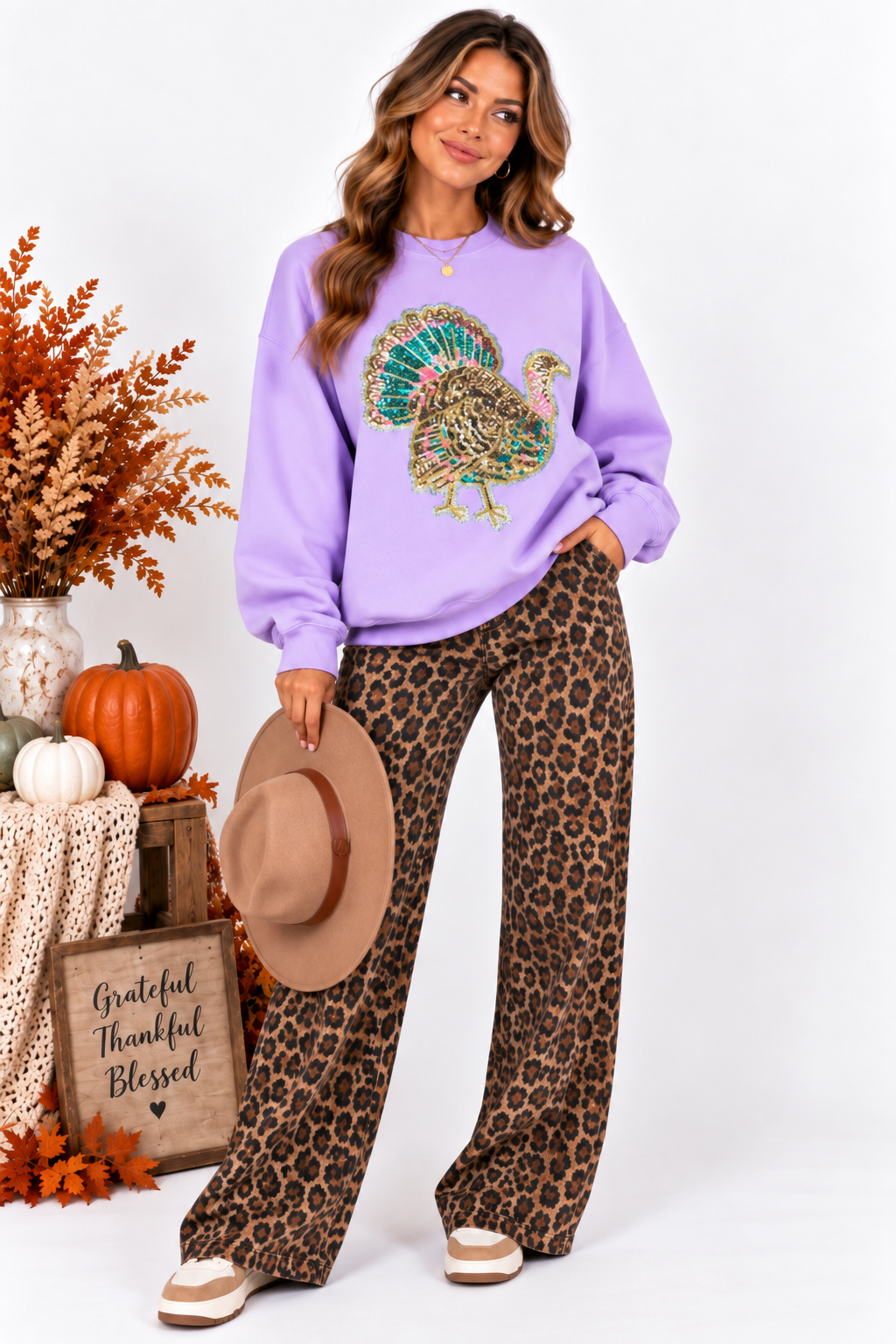 Colorful Turkey Thanksgiving Fall Sequin Patch Full Length Sweatshirt