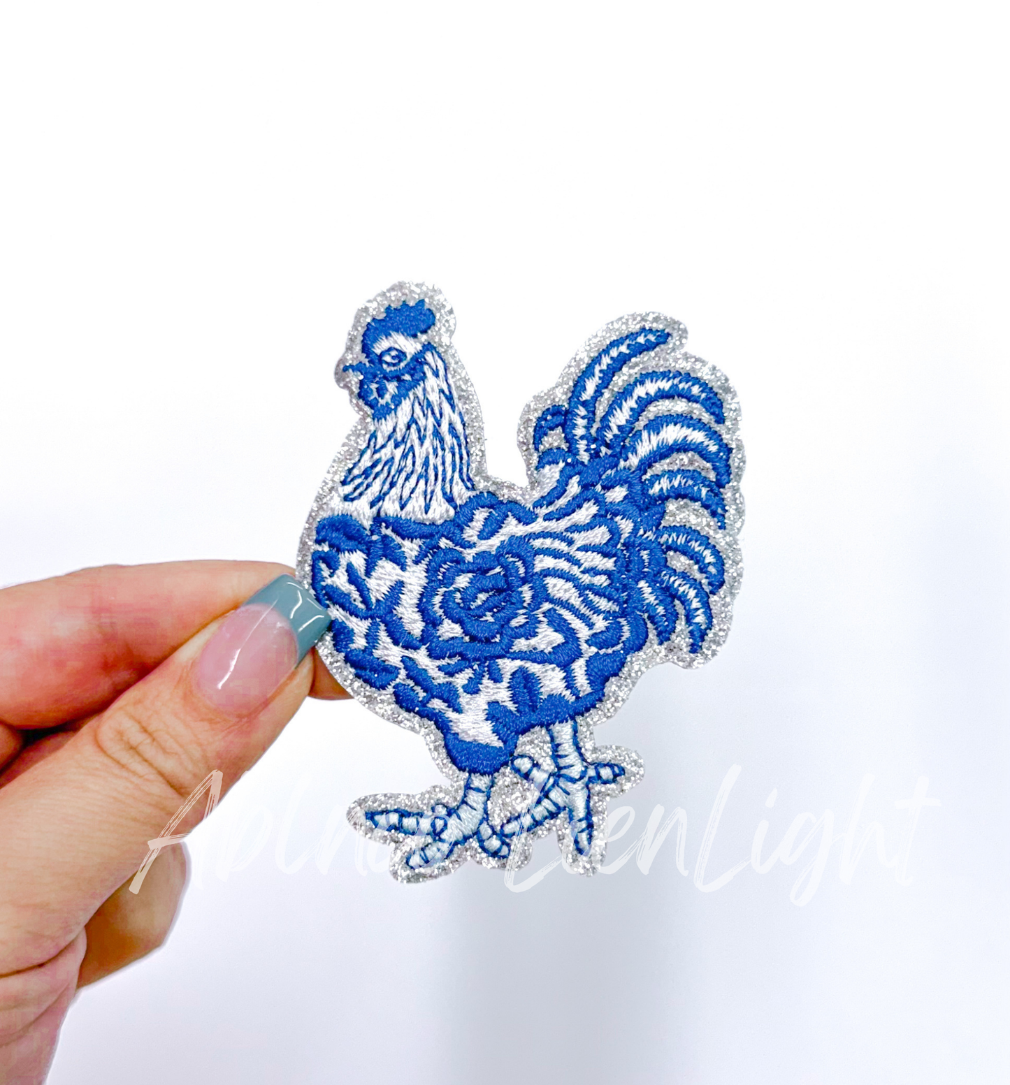 Small Blue Floral Grand Millennial Chicken Embroidery Patch