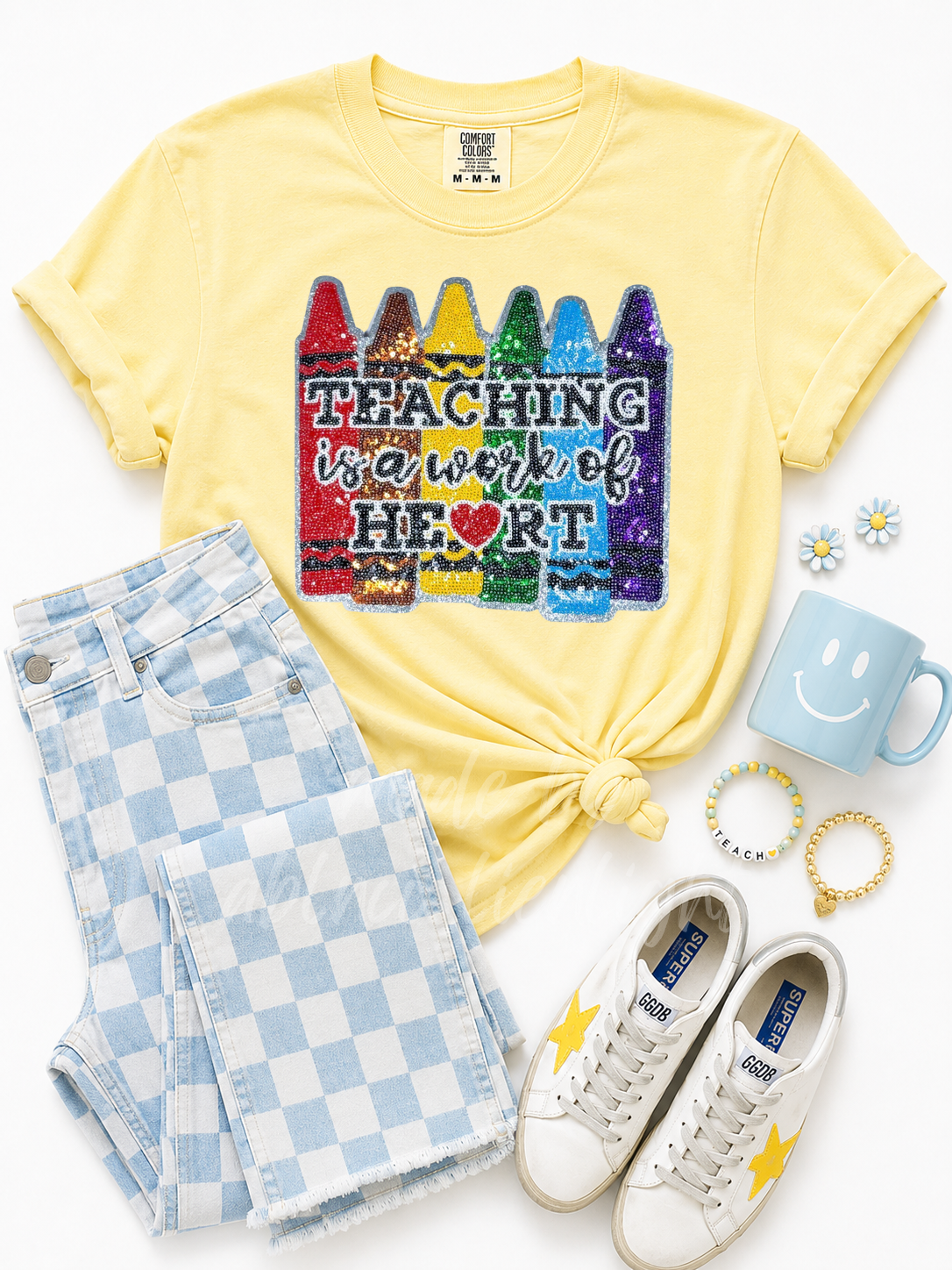 Teaching Is a Work Of Heart Teacher Sequin Patch Tshirt