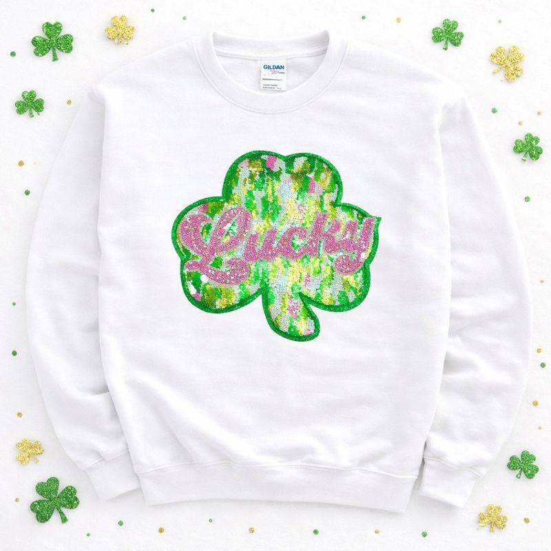 Colorful Pink Lucky Clover St Patricks Day Sequin Patch Sweatshirt