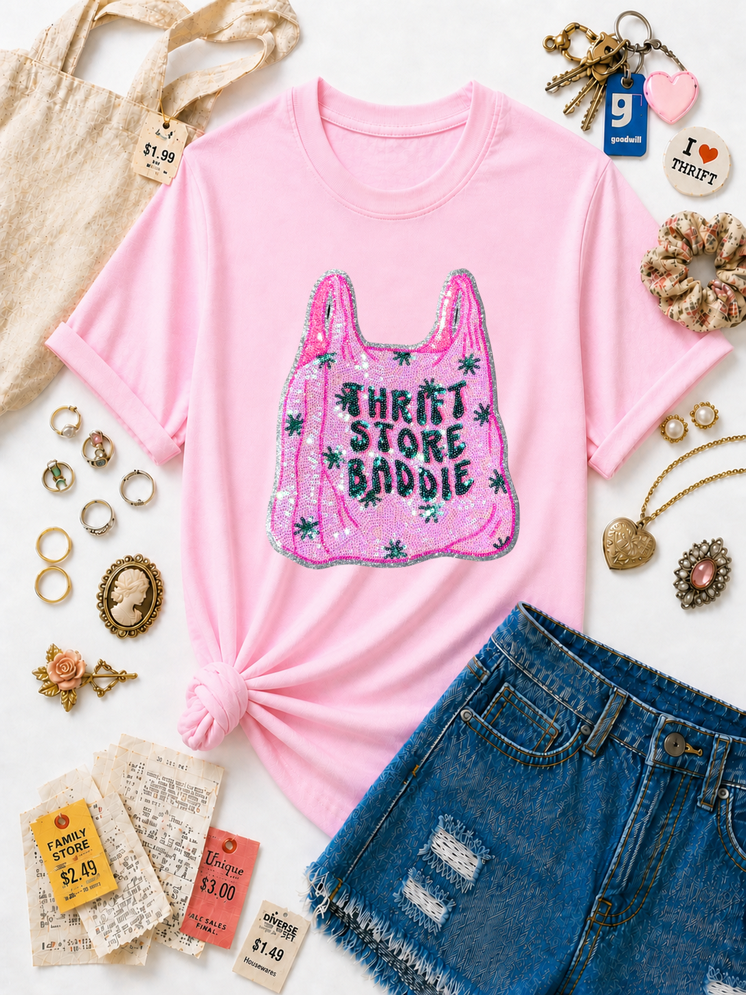 Thrift Store Baddie Sequin Patch Tshirt