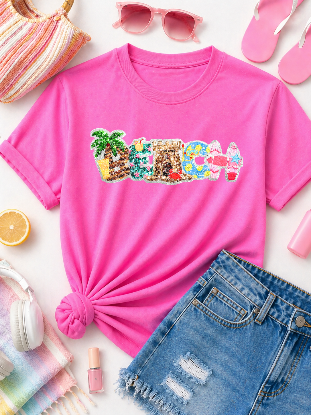 Beach Summer Sequin Patch Tshirt