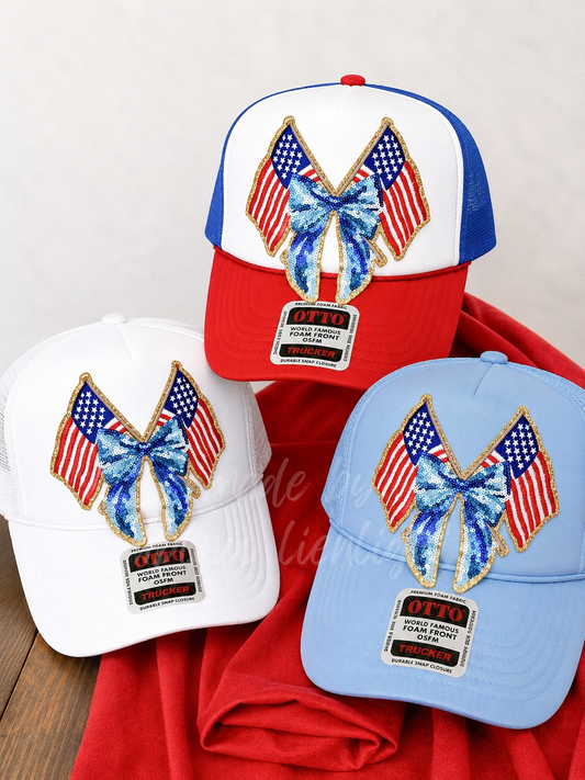 Sequin Bow American Flag 4th July Otto Trucker Hat