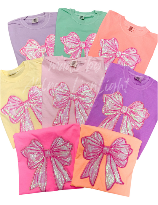 Big Pink Sequin Bow Comfort Color Tshirt