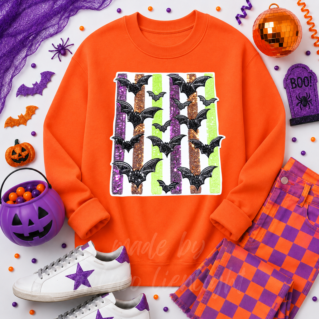 Colorful Striped Bats Halloween Sequin Patch Sweatshirt