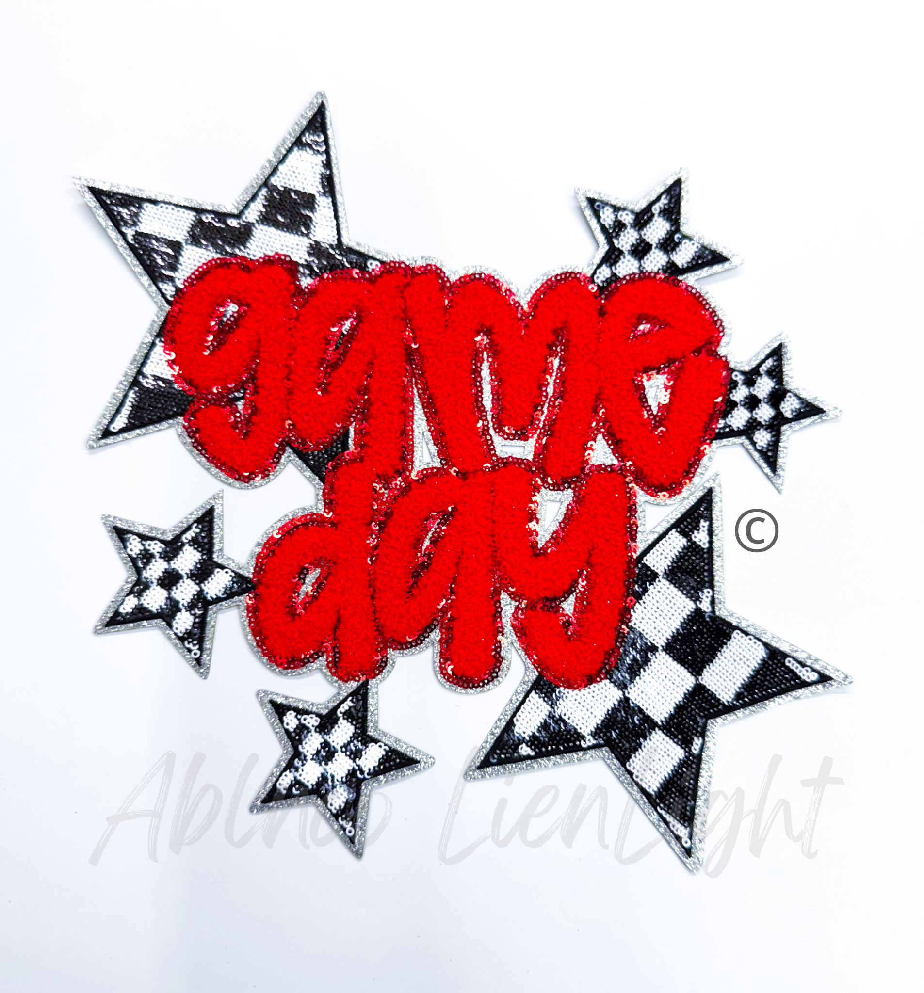 Red Game Day Checkered Star Chenille Sequin Patch - Large