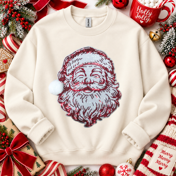 Red Vintage Santa Fuzzy Poof Ball Christmas Sequin Patch Sweatshirt