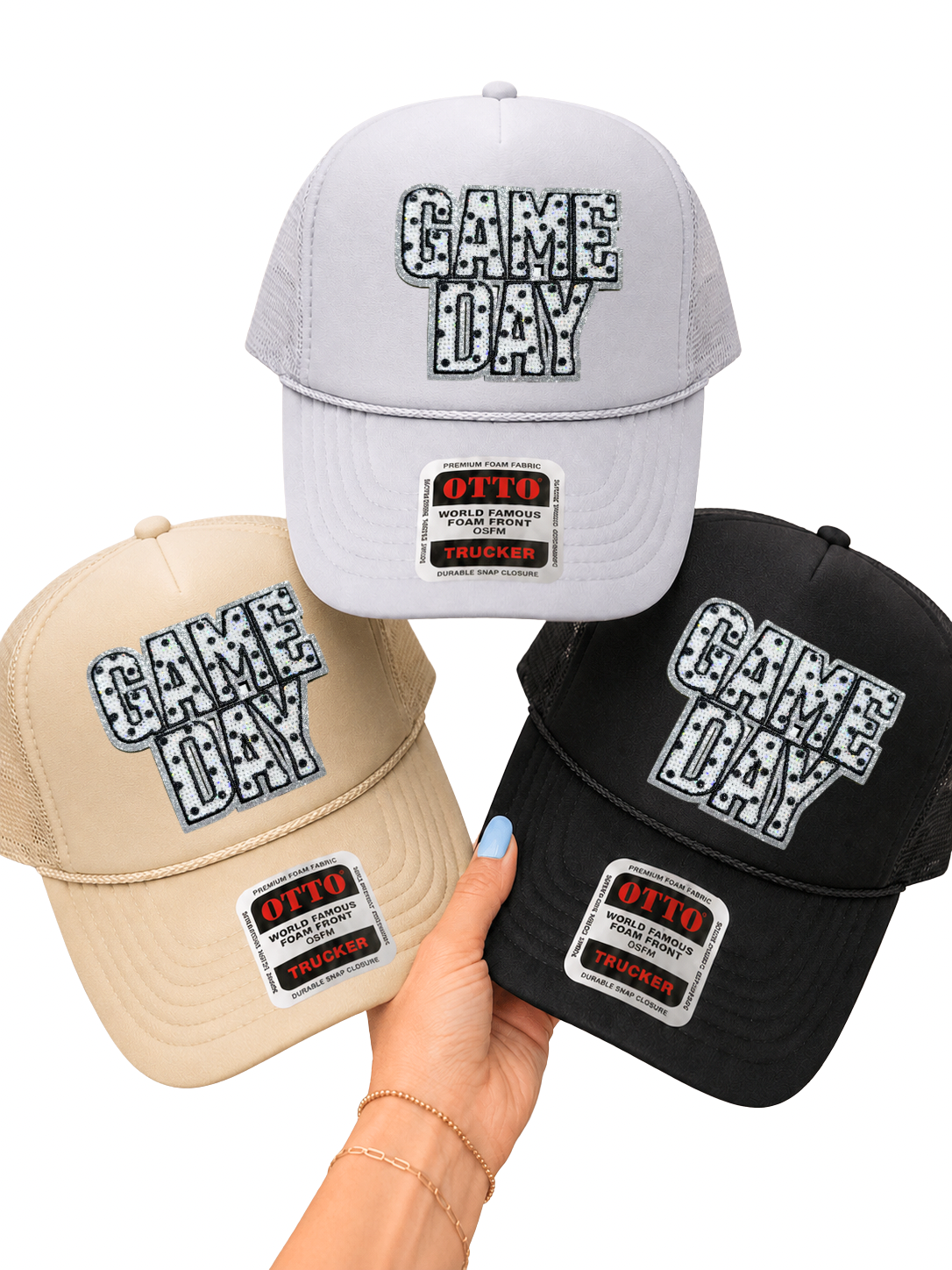 Black Polka Dots Game Day Sequin Patch Otto Trucker Hat