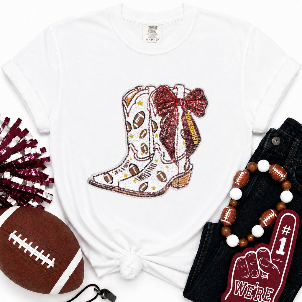Maroon Bow Boot Touchdown Football Sequin Patch Tshirt