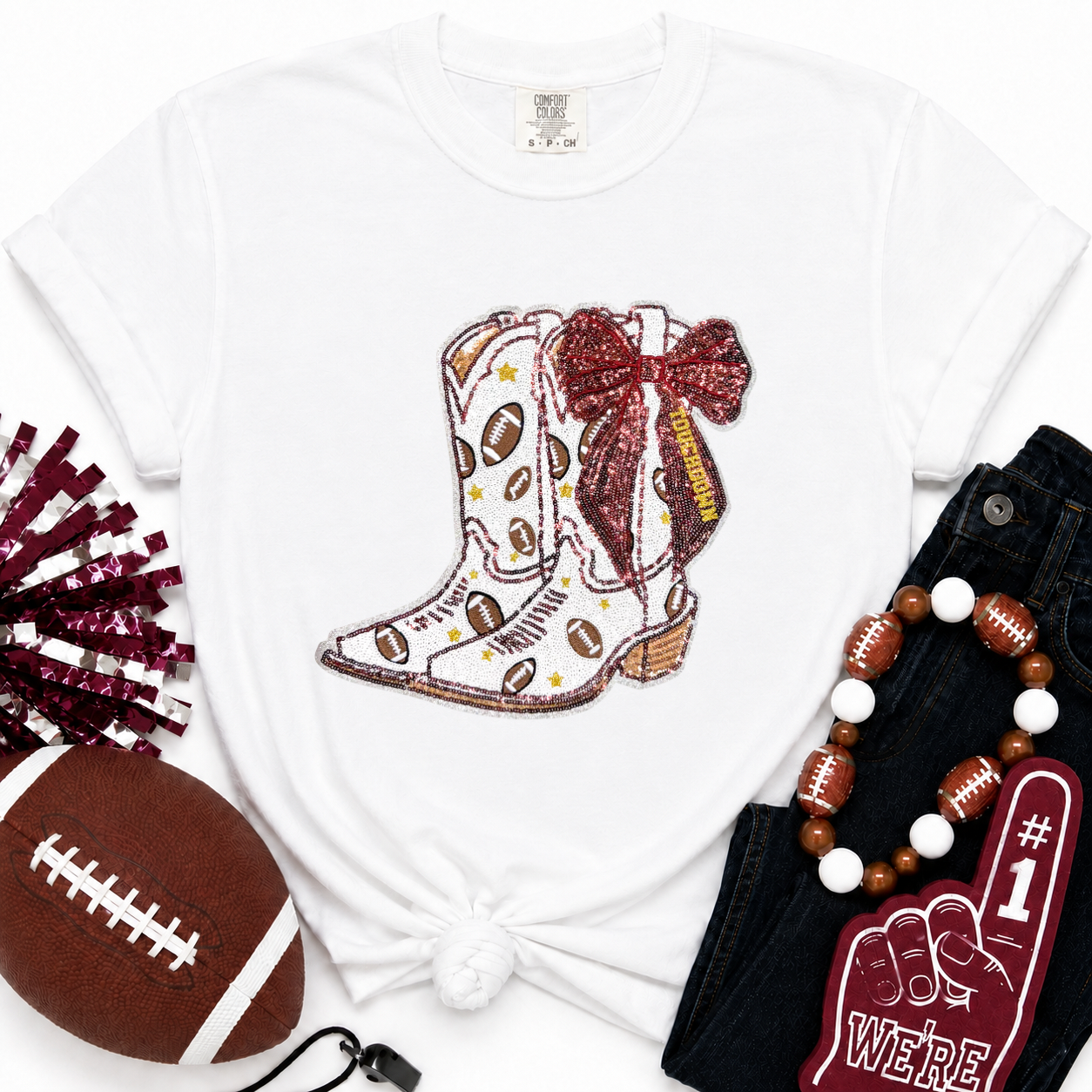 Football Touchdown Maroon Bow Boot Sequin Tshirt