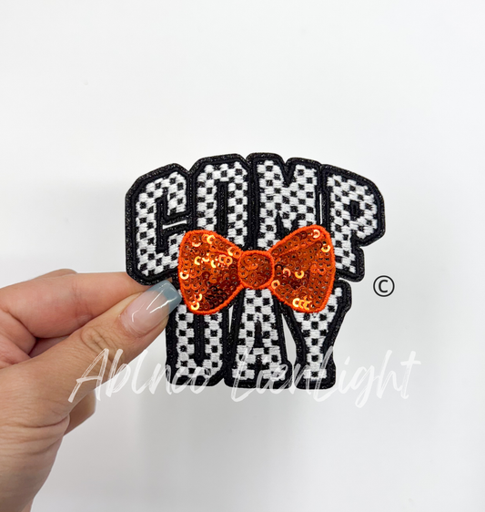 Checkered Comp Day Sequins Orange Bow Embroidery Patch ©️