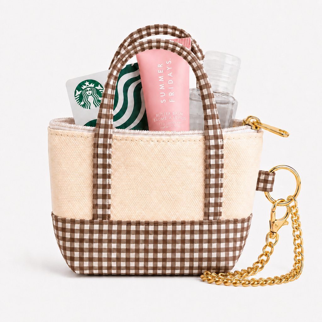 Brown Gingham Mini Tote Bag Keychain | Zippered Purse Charm & Pouch
