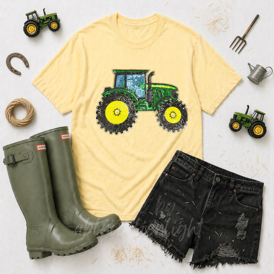 Green Tractor Farming Sequin Patch Tshirt