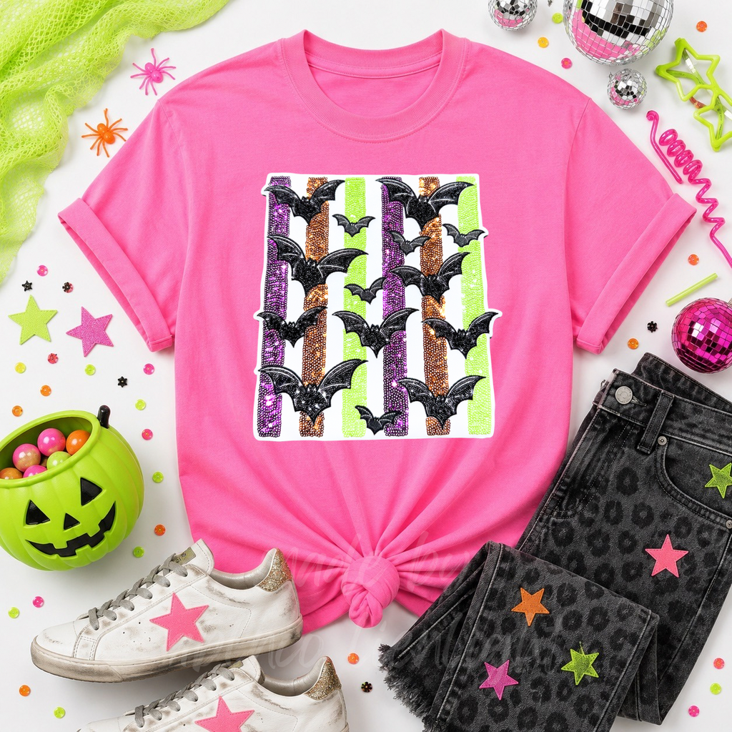 Colorful Striped Bats Halloween Sequin Patch Tshirt
