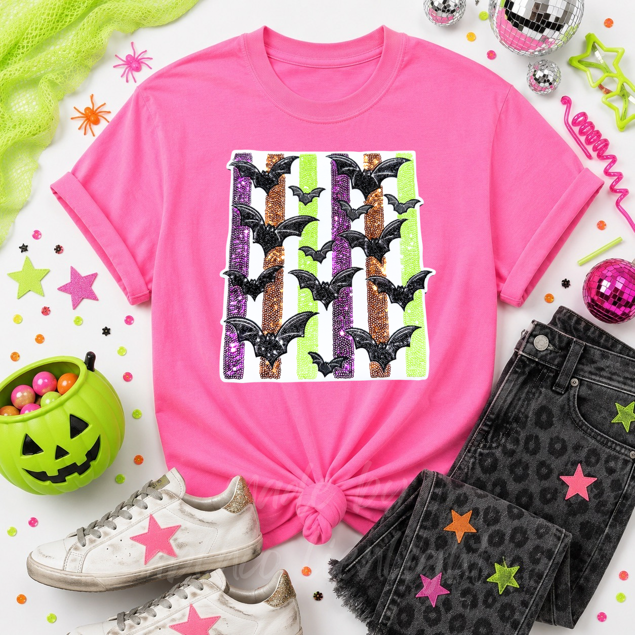 Colorful Striped Bats Halloween Sequin Patch Tshirt