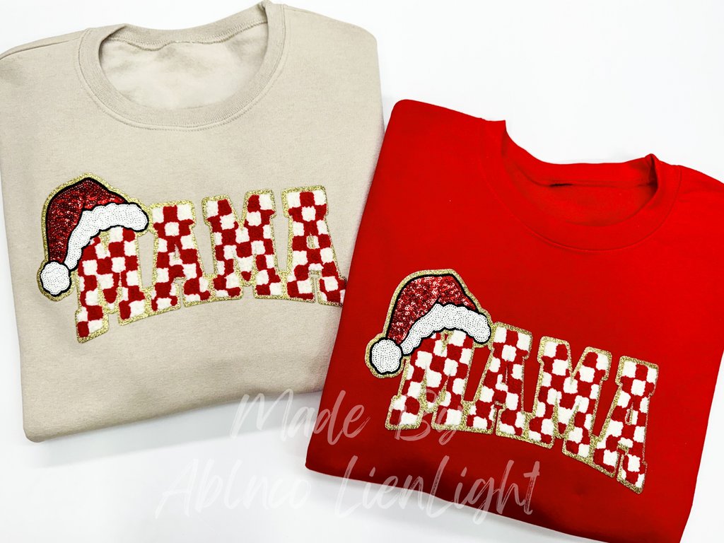 Red Checkered Mama Christmas Sequin Patch - Large