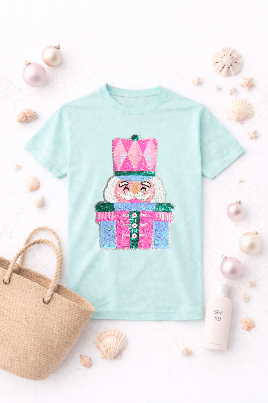 Nutcracker Face Pink Sequins Christmas Patch Tshirt