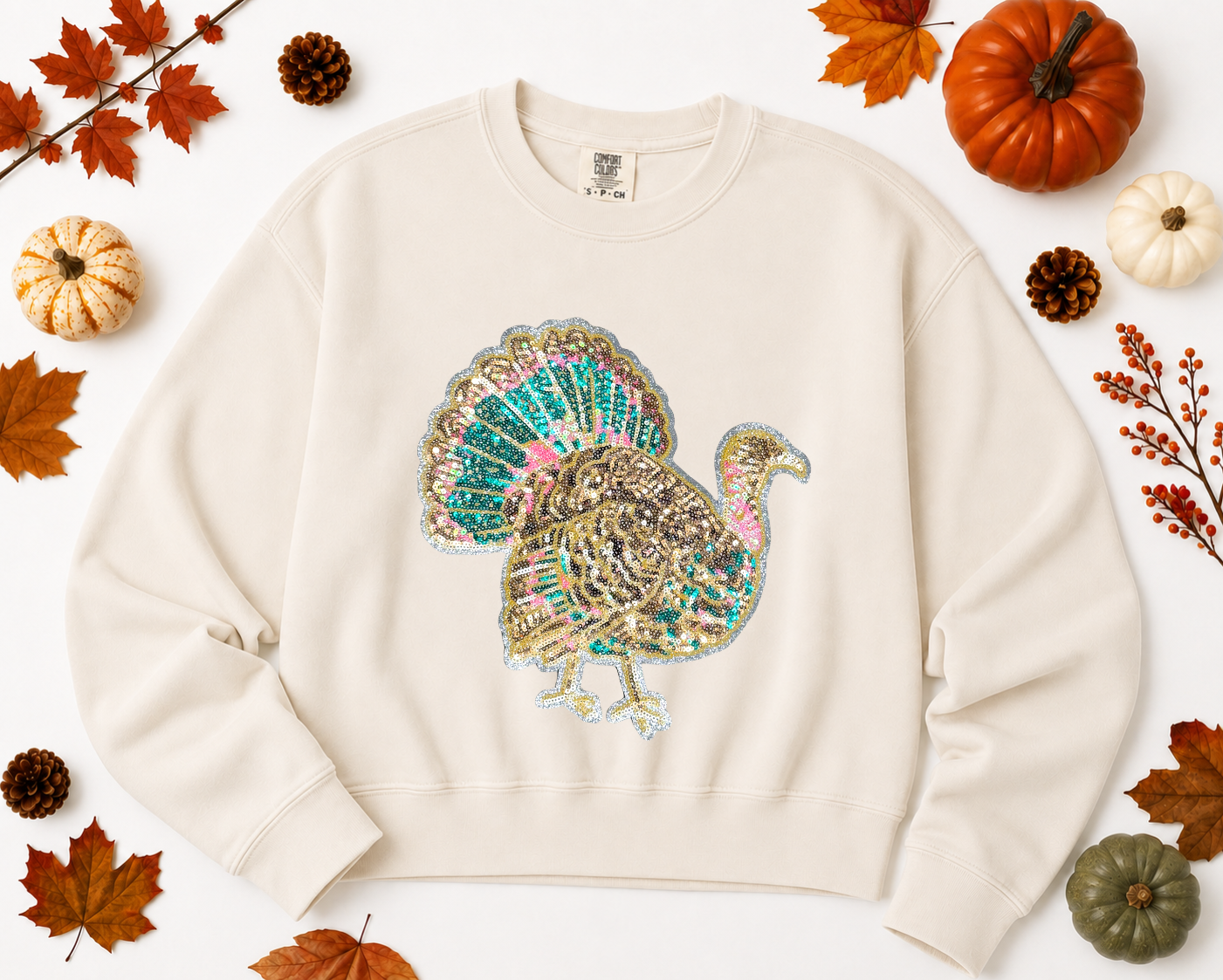 Colorful Turkey Thanksgiving Fall Sequin Patch Mid Length Sweatshirt