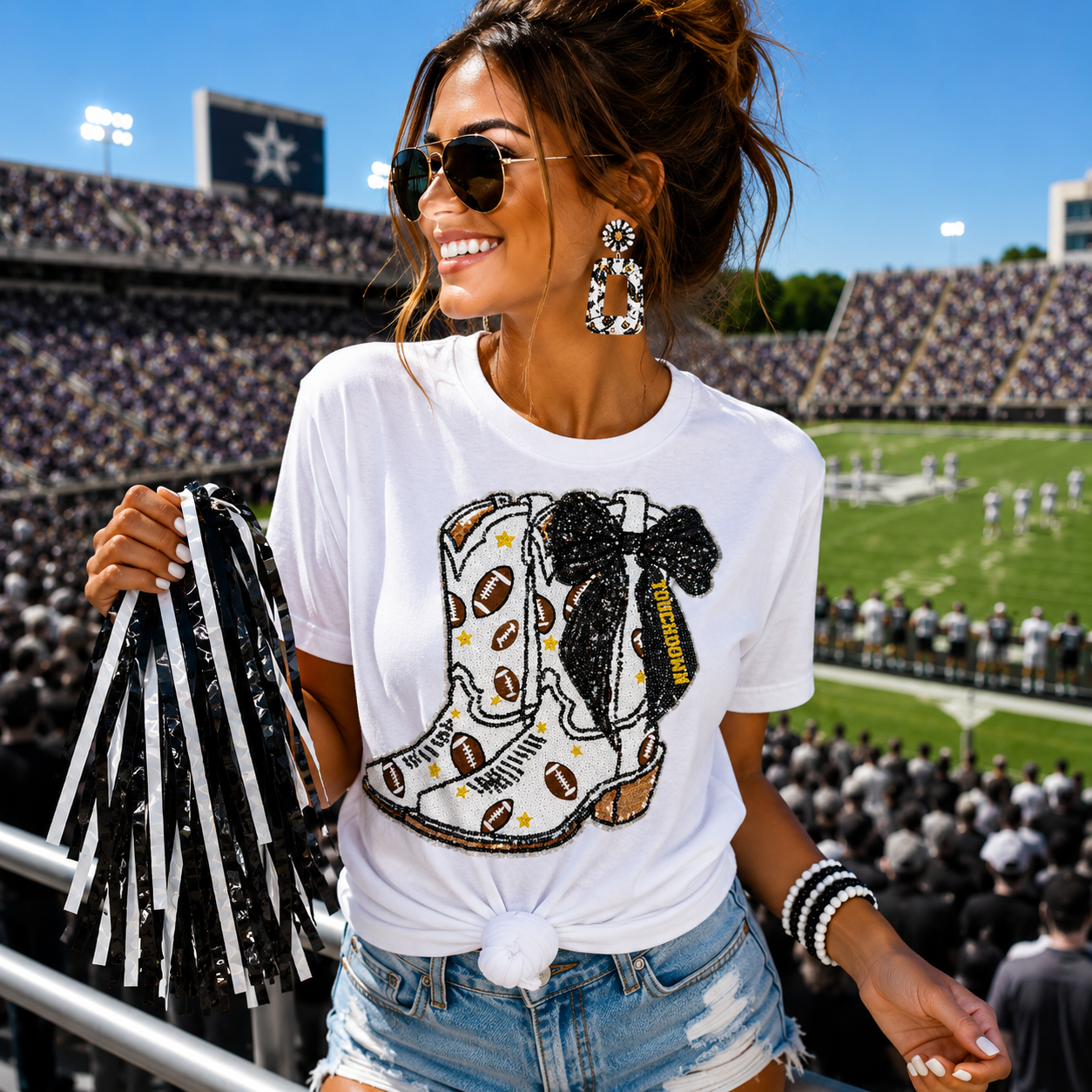 Football Touchdown Black Bow Boot Sequin Tshirt