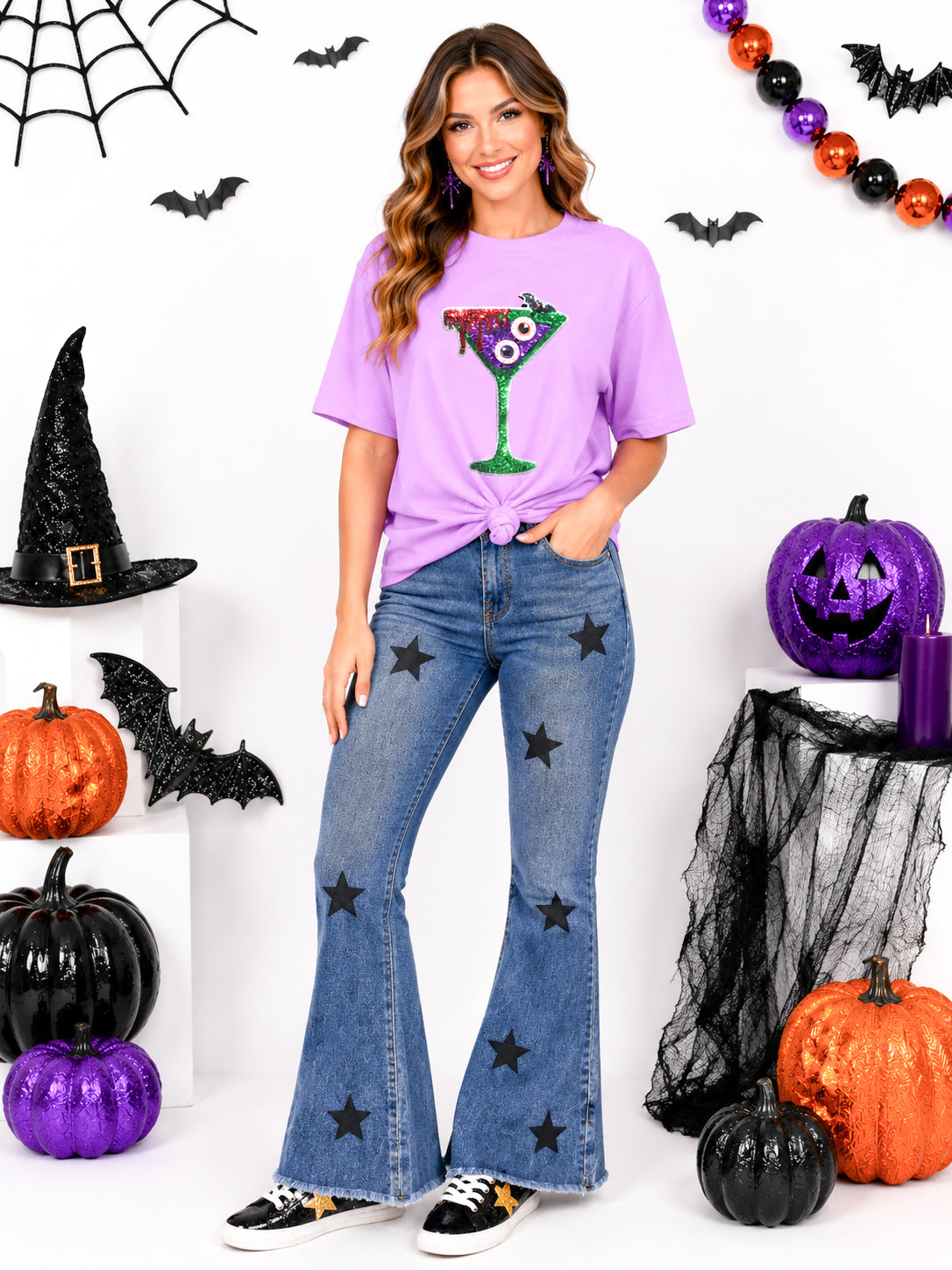 Bloody Eyeballs Martini Halloween Sequin Patch Tshirt