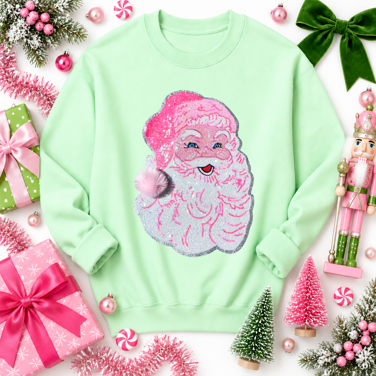 Pink Santa Fuzzy Poof Ball Christmas Sequin Patch Sweatshirt