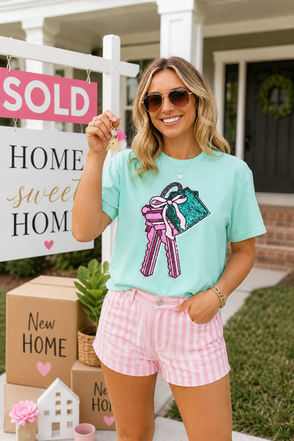 Sweet Home House Keys Sequin Patch Tshirt
