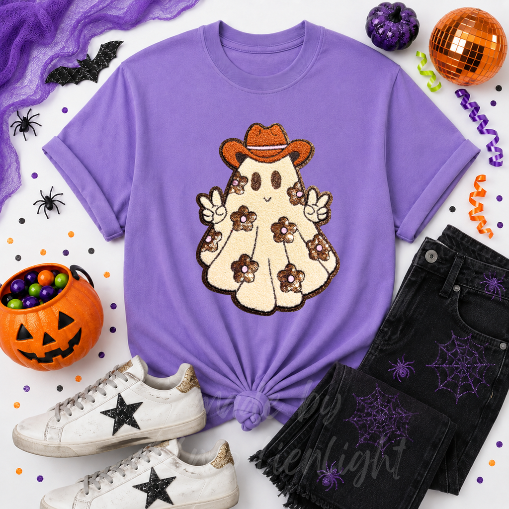 Floral Ghost Halloween Sequin Patch Tshirt