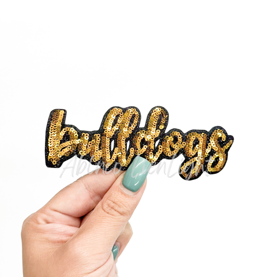 Gold Bulldogs Mascot Script Letter Sequin Patch - Small