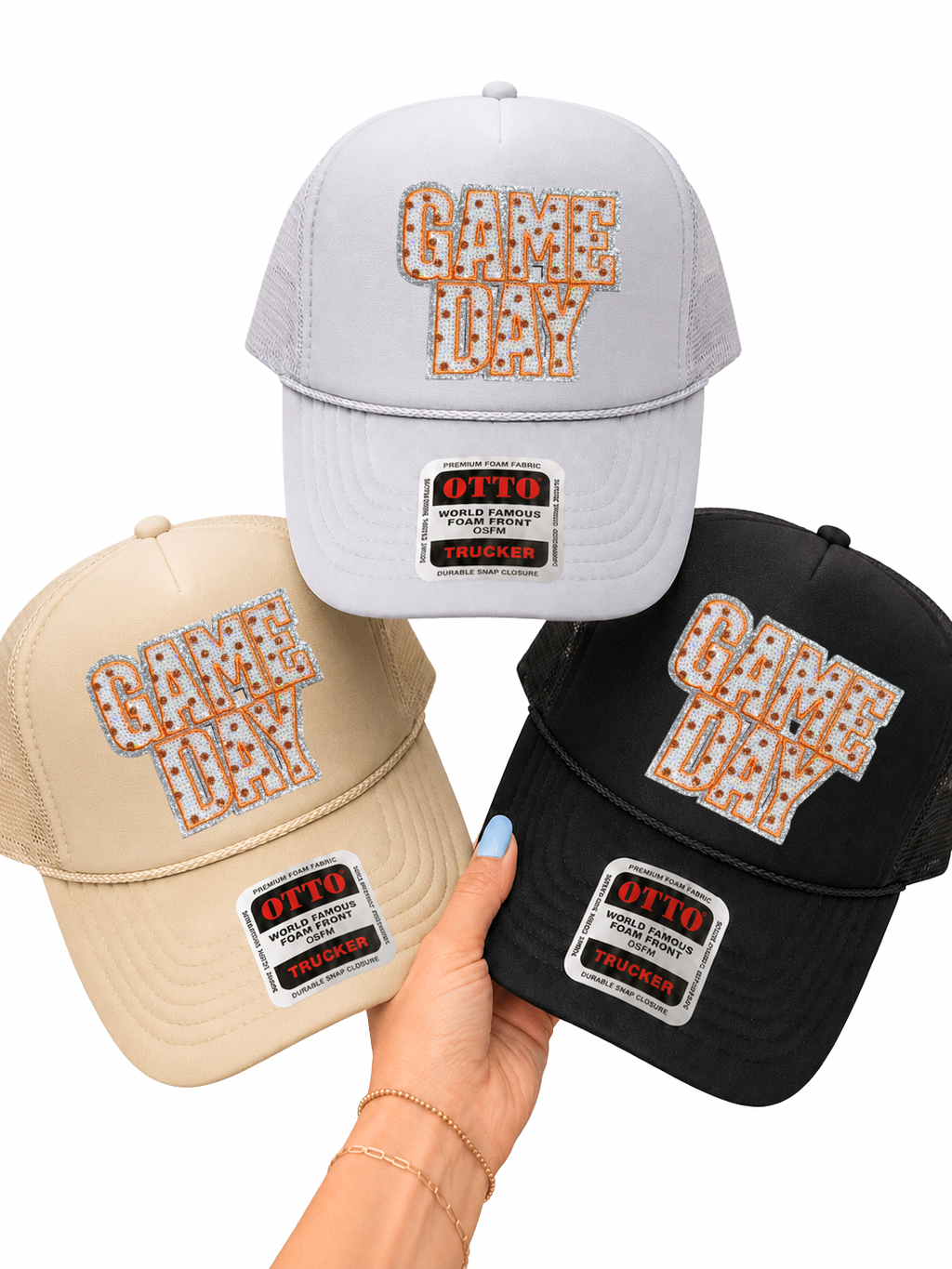 Orange Polka Dots Game Day Sequin Patch Otto Trucker Hat