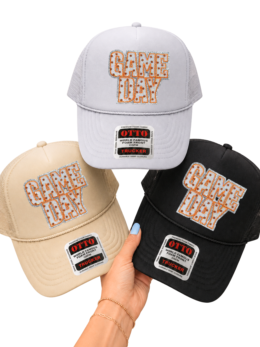 Orange Polka Dots Game Day Sequin Patch Otto Trucker Hat