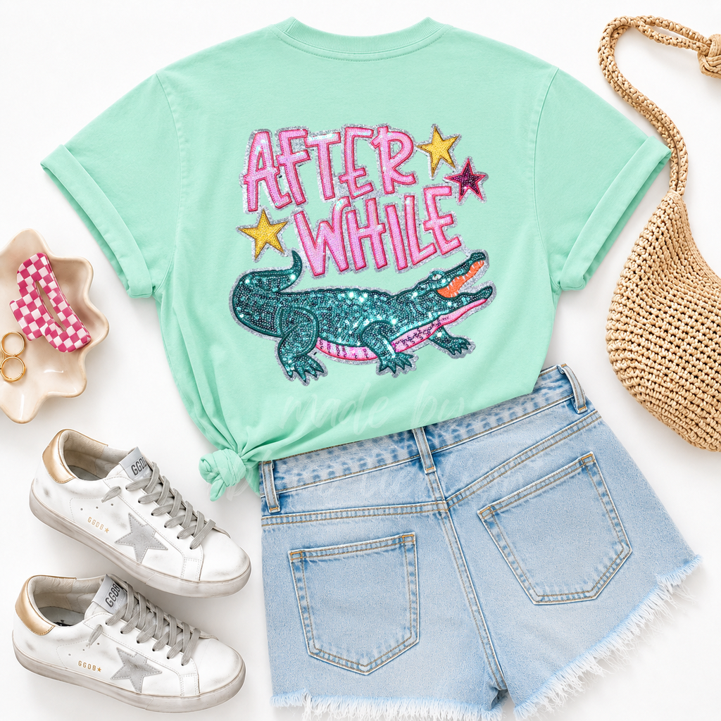 Later Gator After While Crocodile Summer Sequin Patch Tshirt
