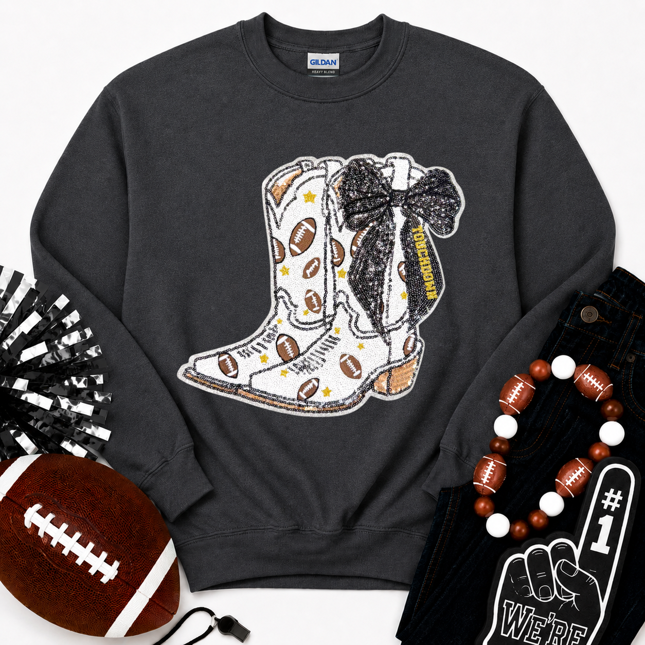 Football Touchdown Black Bow Boot Sequin Sweatshirt