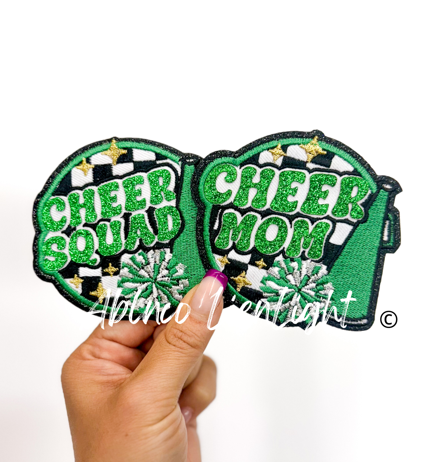 Green Cheer Squad & Cheer Mom Glitter Embroidery Patch©️