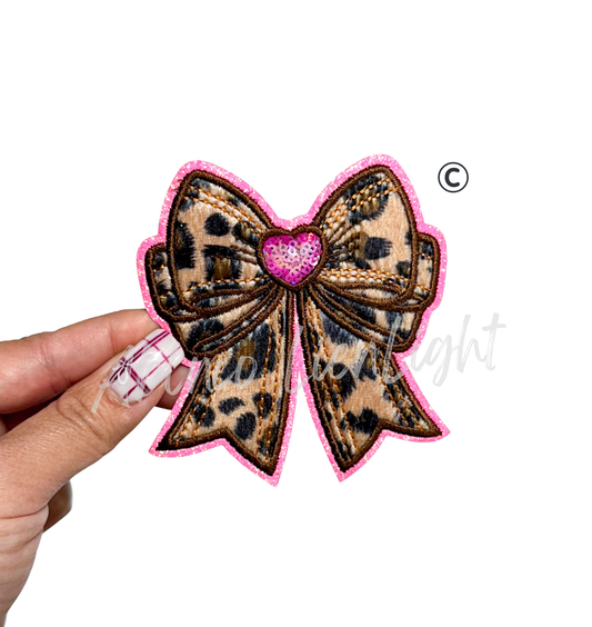 Fuzzy Cheetah Heart Bow Valentines Day Patch - Small