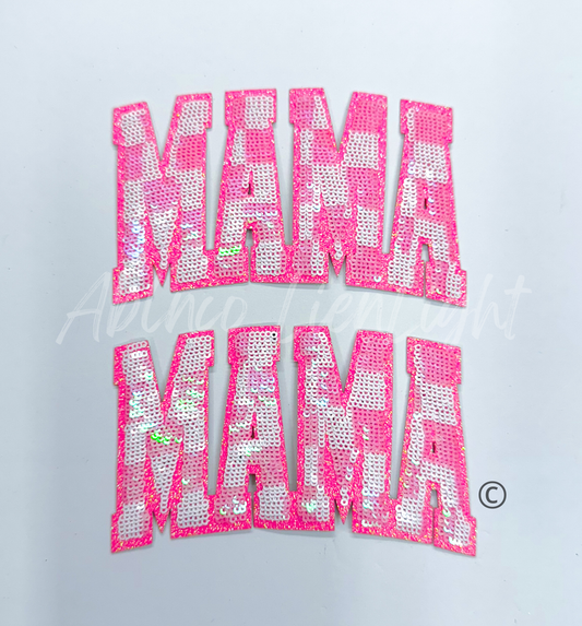 Small Bright Neon Pink Checkered Mama Sequins Patch