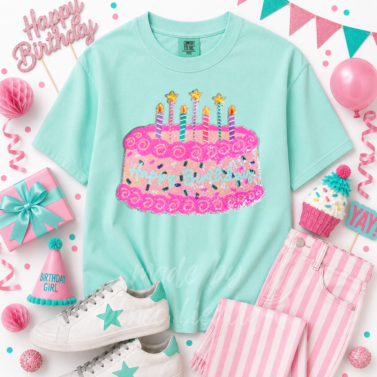 Happy Birthday Cake Pink Sequin Patch Tshirt